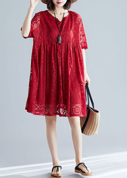 2025 Black V Neck Wrinkled Exra Large Hem Lace A Line Dress Short Sleeve