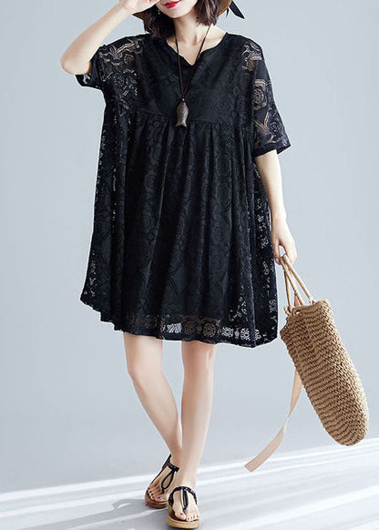 2025 Black V Neck Wrinkled Exra Large Hem Lace A Line Dress Short Sleeve