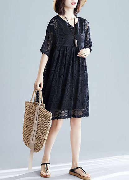 2025 Black V Neck Wrinkled Exra Large Hem Lace A Line Dress Short Sleeve