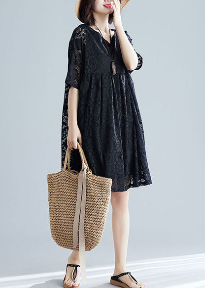 2025 Black V Neck Wrinkled Exra Large Hem Lace A Line Dress Short Sleeve