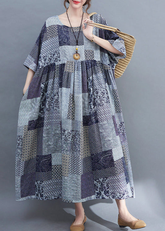 2025 Blue Plaid O-Neck Wrinkled Exra Large Hem Dress Half Sleeve