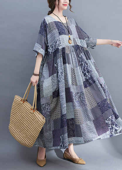 2025 Blue Plaid O-Neck Wrinkled Exra Large Hem Dress Half Sleeve