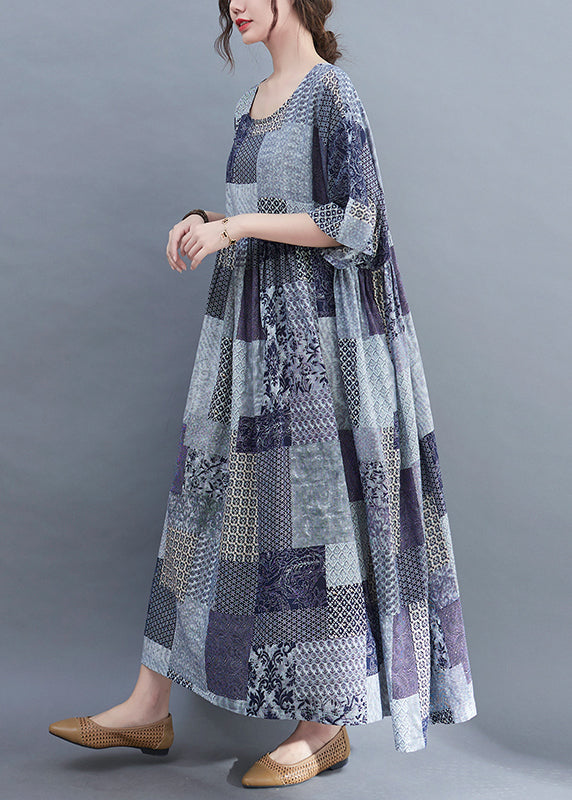 2025 Blue Plaid O-Neck Wrinkled Exra Large Hem Dress Half Sleeve