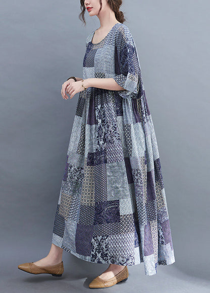 2025 Blue Plaid O-Neck Wrinkled Exra Large Hem Dress Half Sleeve