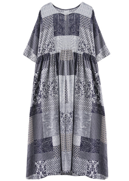 2025 Blue Plaid O-Neck Wrinkled Exra Large Hem Dress Half Sleeve