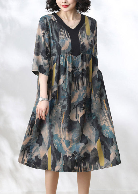2025 Blue V Neck Print Wrinkled Dress Half Sleeve