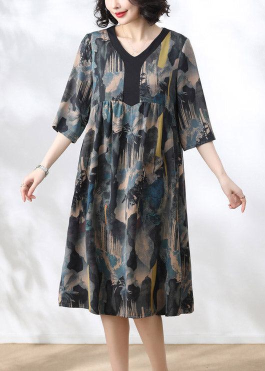 2025 Blue V Neck Print Wrinkled Dress Half Sleeve