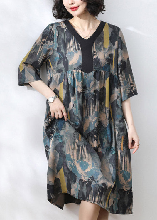 2025 Blue V Neck Print Wrinkled Dress Half Sleeve