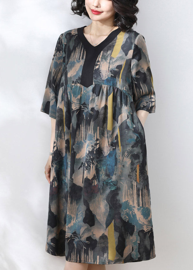 2025 Blue V Neck Print Wrinkled Dress Half Sleeve