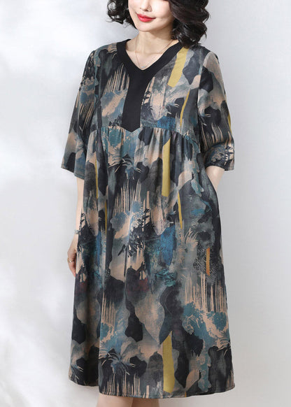2025 Blue V Neck Print Wrinkled Dress Half Sleeve