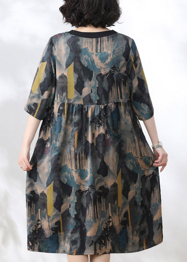 2025 Blue V Neck Print Wrinkled Dress Half Sleeve
