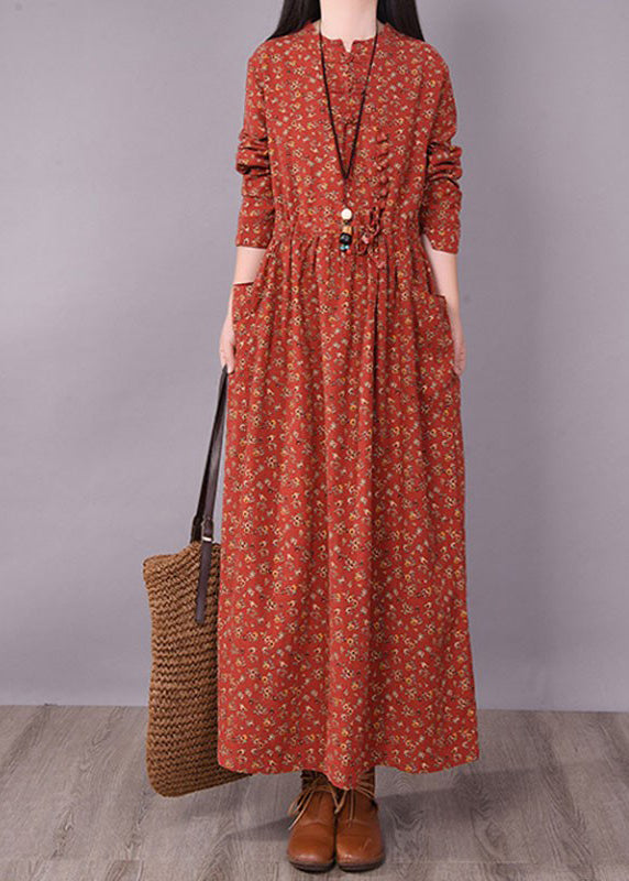 2025 Brick Red Cinched Print Linen Long Dress Long Sleeve