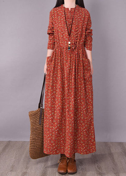 2025 Brick Red Cinched Print Linen Long Dress Long Sleeve