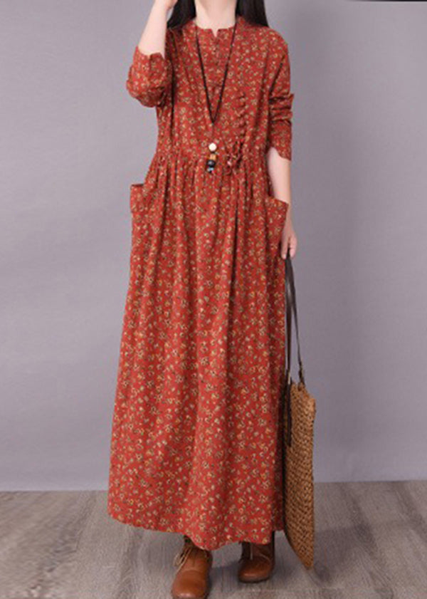 2025 Brick Red Cinched Print Linen Long Dress Long Sleeve