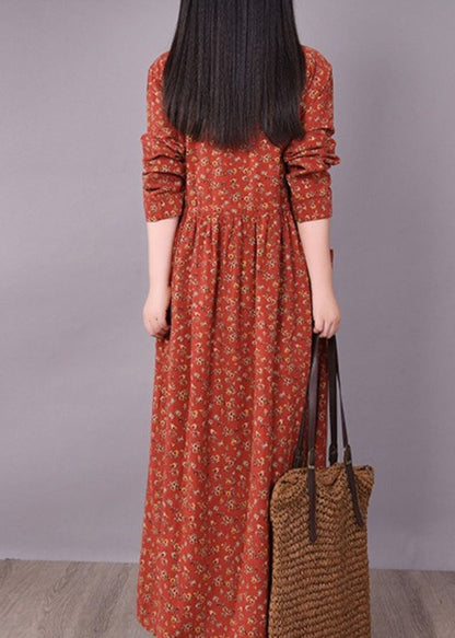 2025 Brick Red Cinched Print Linen Long Dress Long Sleeve