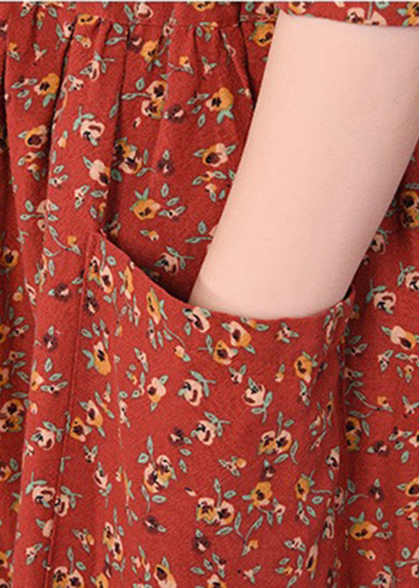 2025 Brick Red Cinched Print Linen Long Dress Long Sleeve