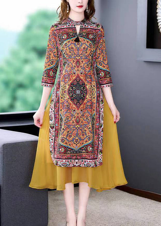 2025 Fitted Yellow Stand Collar Patchwork Print Chiffon Fake Two Piece Dress Summer