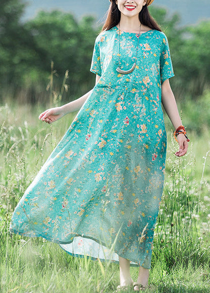 2025 Green O-Neck Print Linen Dress Short Sleeve