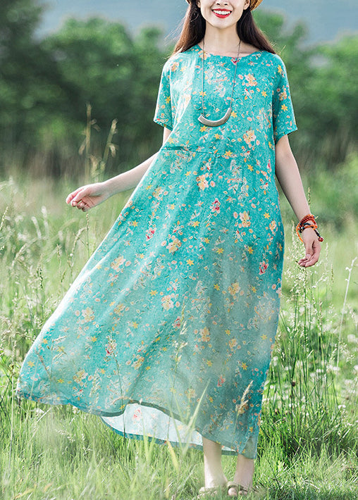 2025 Green O-Neck Print Linen Dress Short Sleeve