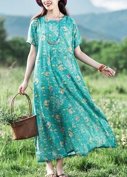 2025 Green O-Neck Print Linen Dress Short Sleeve