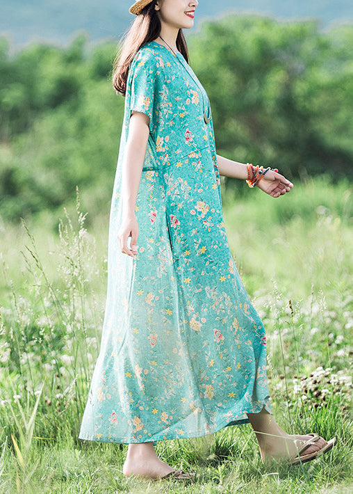 2025 Green O-Neck Print Linen Dress Short Sleeve