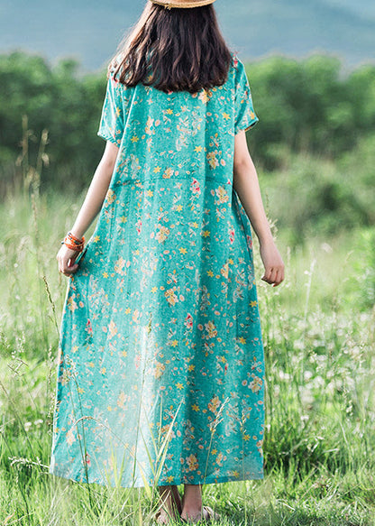 2025 Green O-Neck Print Linen Dress Short Sleeve