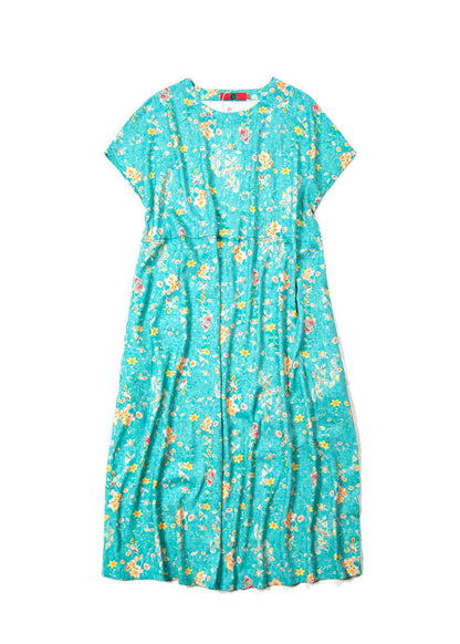 2025 Green O-Neck Print Linen Dress Short Sleeve