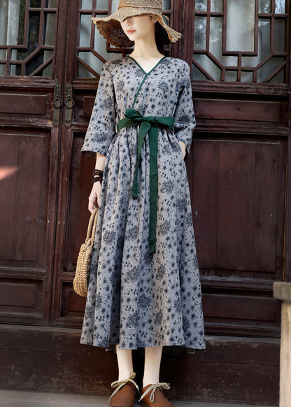2025 Green Tie Waist Print Linen Long Dress Three Quarter sleeve