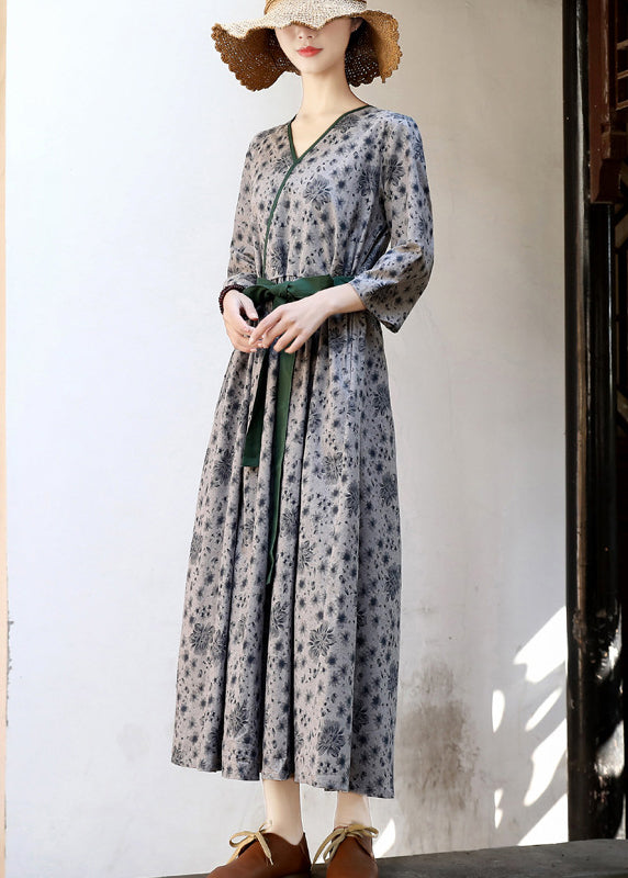 2025 Green Tie Waist Print Linen Long Dress Three Quarter sleeve