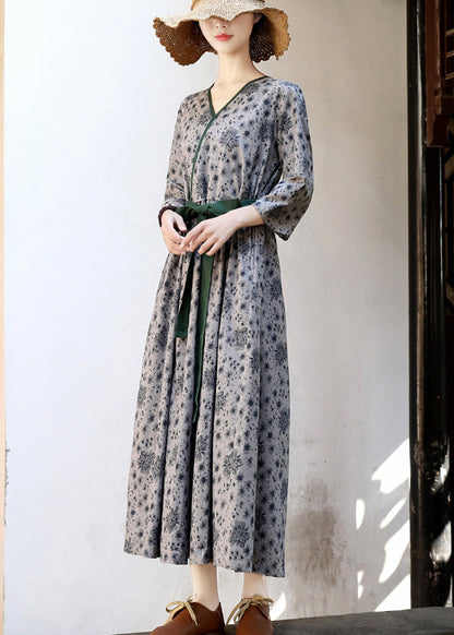 2025 Green Tie Waist Print Linen Long Dress Three Quarter sleeve