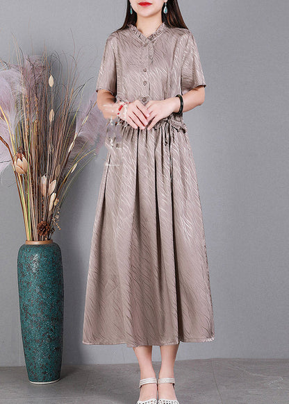 2025 Lotus Root Pink V Neck Button Drawstring Silk Dresses Short Sleeve