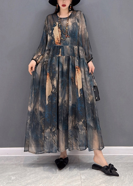 2025 O-Neck Print Tulle Patchwork Wrinkled Chiffon Dresses Long Sleeve