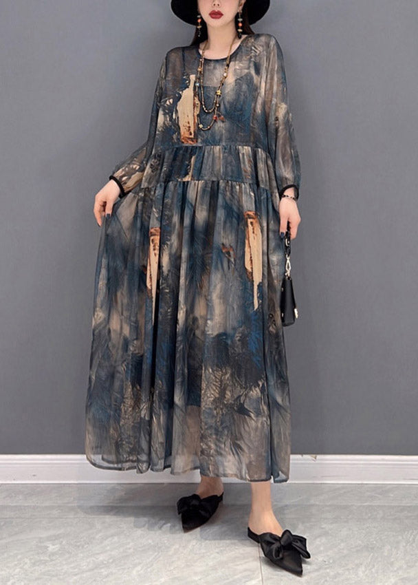 2025 O-Neck Print Tulle Patchwork Wrinkled Chiffon Dresses Long Sleeve