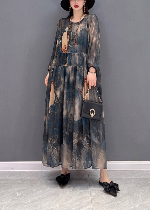 2025 O-Neck Print Tulle Patchwork Wrinkled Chiffon Dresses Long Sleeve