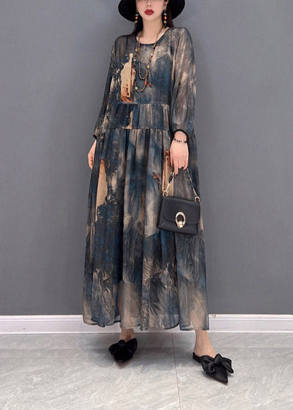 2025 O-Neck Print Tulle Patchwork Wrinkled Chiffon Dresses Long Sleeve