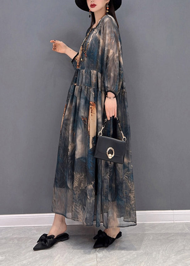 2025 O-Neck Print Tulle Patchwork Wrinkled Chiffon Dresses Long Sleeve
