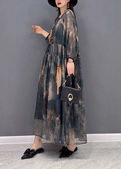 2025 O-Neck Print Tulle Patchwork Wrinkled Chiffon Dresses Long Sleeve