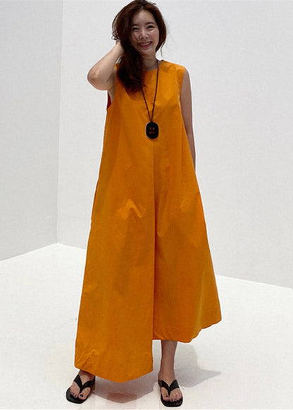 2025 Orange O-Neck Asymmetrical Pockets Cotton Long Dresses Sleeveless