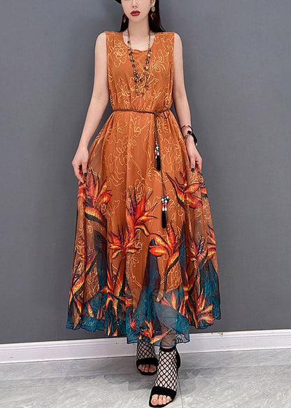 2025 Orange O-Neck Chiffon Long Beach Dresses Sleeveless