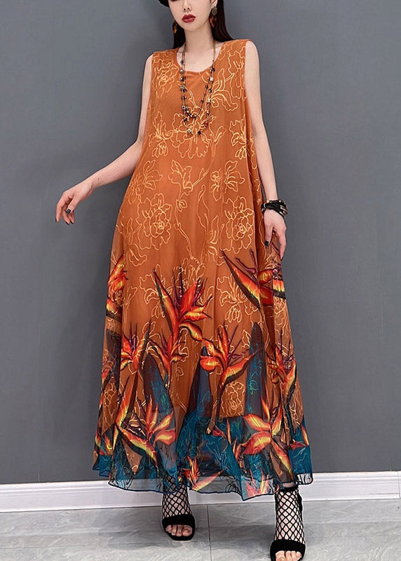2025 Orange O-Neck Chiffon Long Beach Dresses Sleeveless