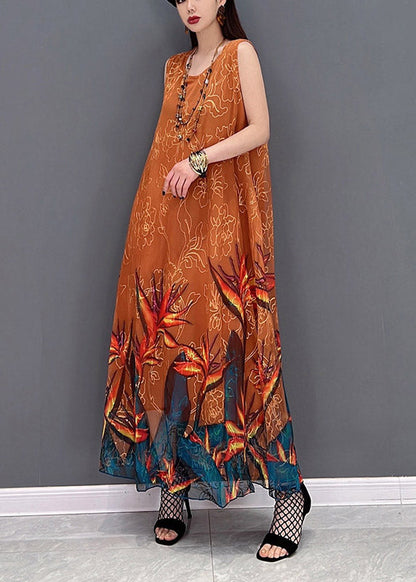 2025 Orange O-Neck Chiffon Long Beach Dresses Sleeveless
