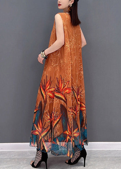 2025 Orange O-Neck Chiffon Long Beach Dresses Sleeveless