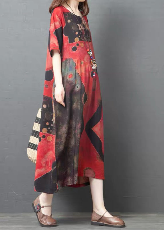 2025 Red O-Neck Print Cotton Beach Dress Short Sleeve