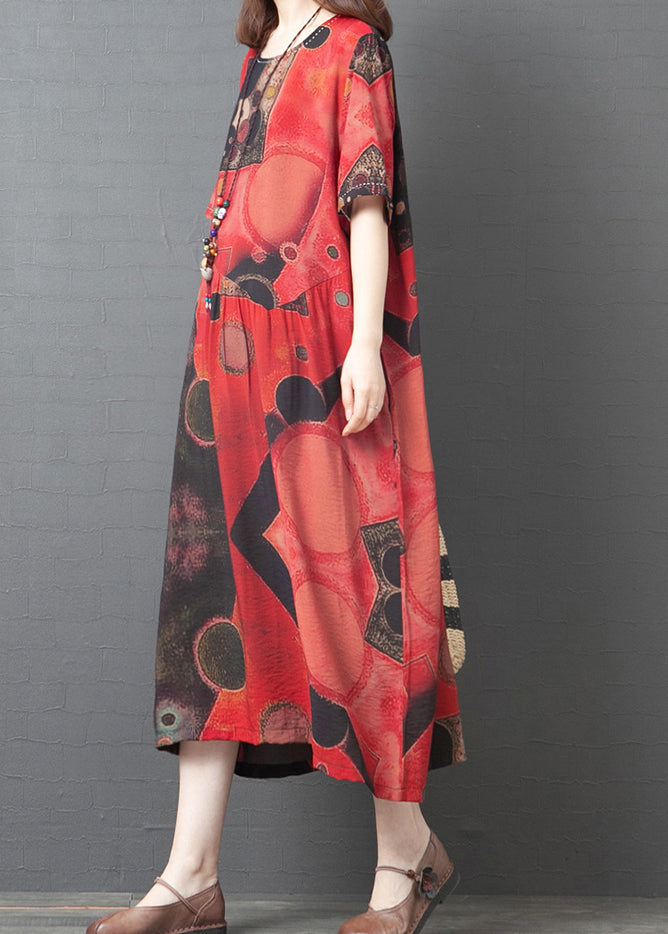 2025 Red O-Neck Print Cotton Beach Dress Short Sleeve