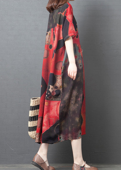 2025 Red O-Neck Print Cotton Beach Dress Short Sleeve