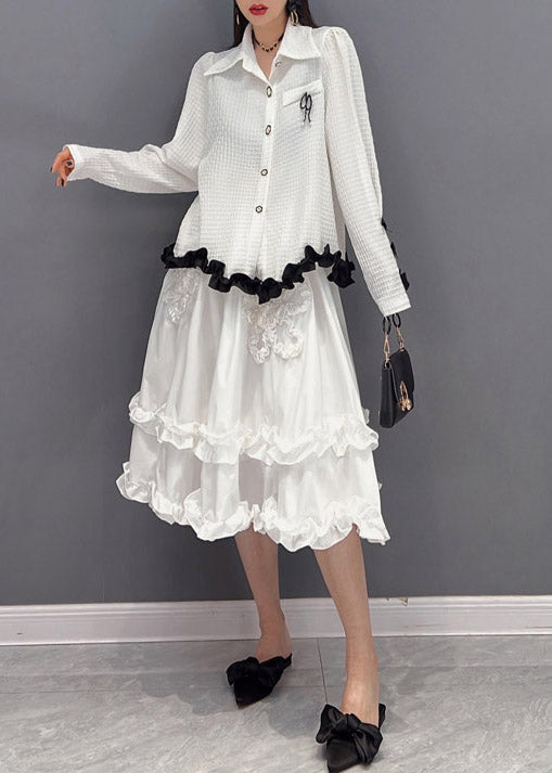2025 White Embroideried Ruffled Tulle Patchwork Chiffon Dress Two Pieces Set Spring