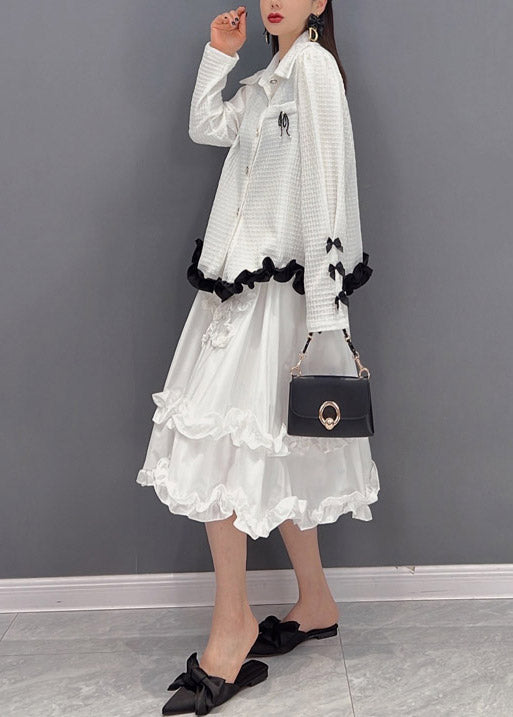 2025 White Embroideried Ruffled Tulle Patchwork Chiffon Dress Two Pieces Set Spring