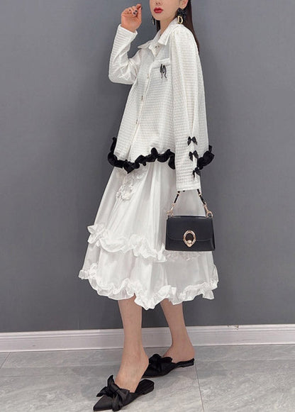 2025 White Embroideried Ruffled Tulle Patchwork Chiffon Dress Two Pieces Set Spring