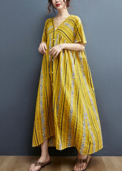 2025 Yellow Print Cotton Maxi Dresses Short Sleeve