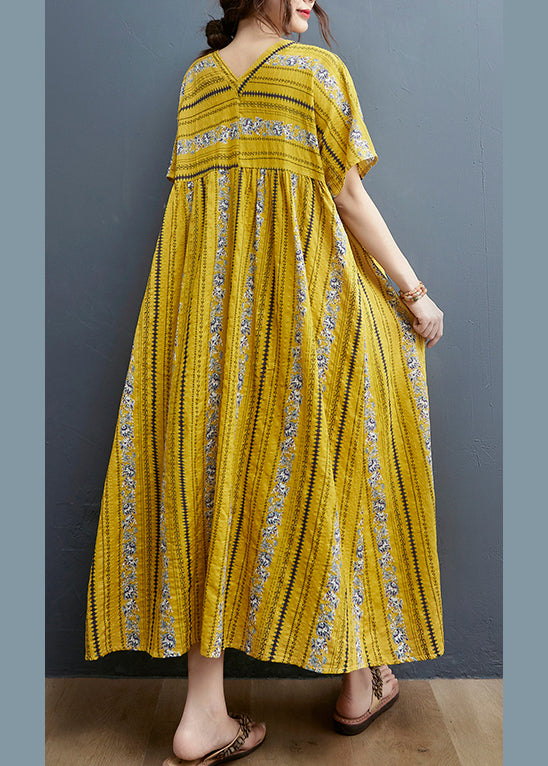 2025 Yellow Print Cotton Maxi Dresses Short Sleeve